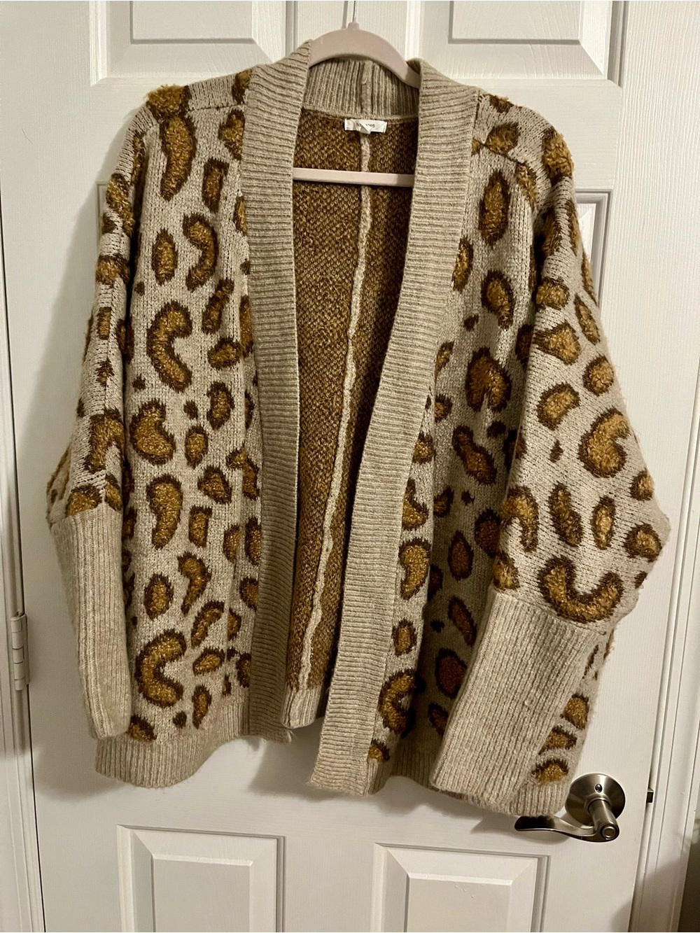Open-Front Leopard Print Cardigan Sweater - Beige and Gold-Tone Maurices Large